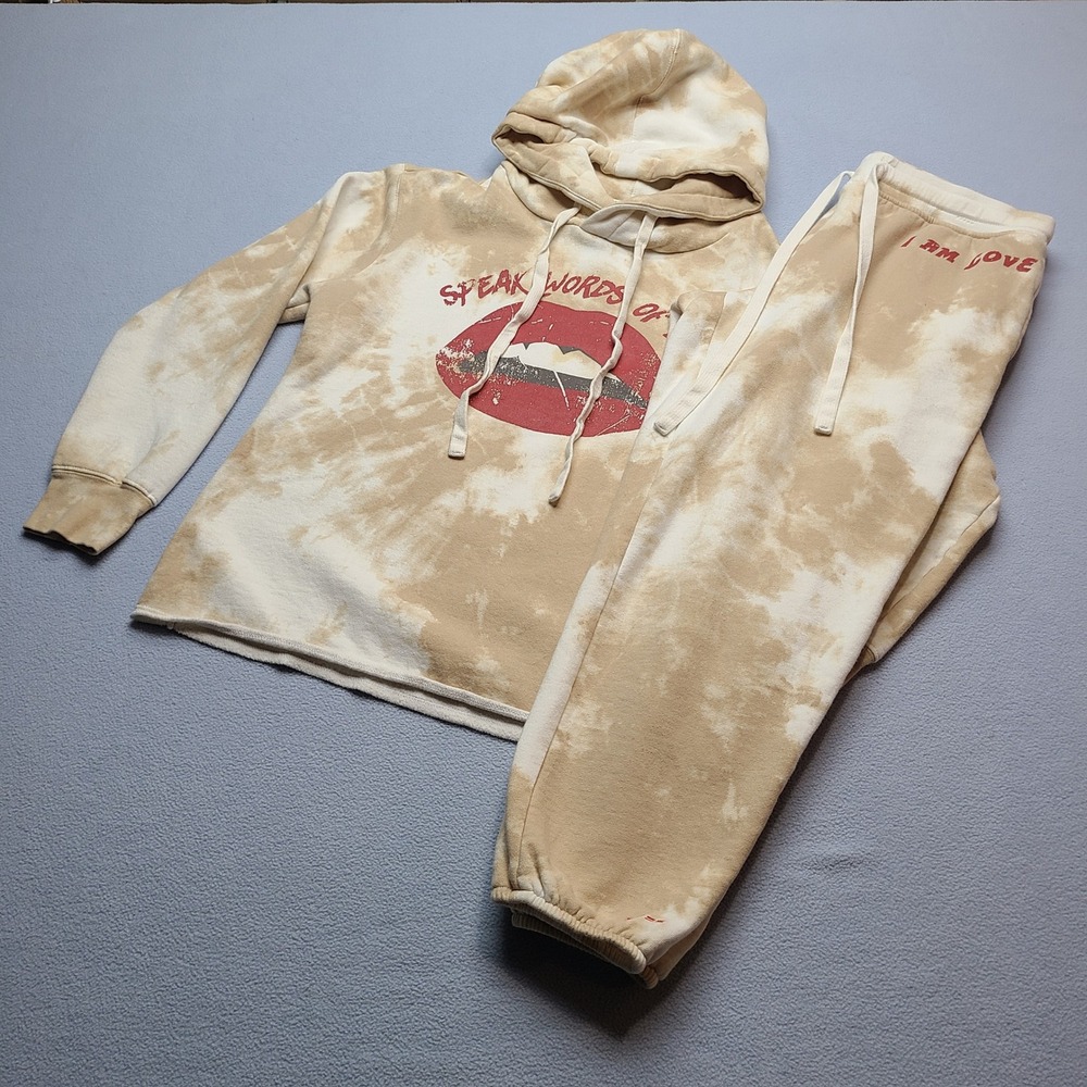 Peace Love World Hoodie Jogger Set Womens XS/S Tan Tie Dye Excellent Graphic Lip